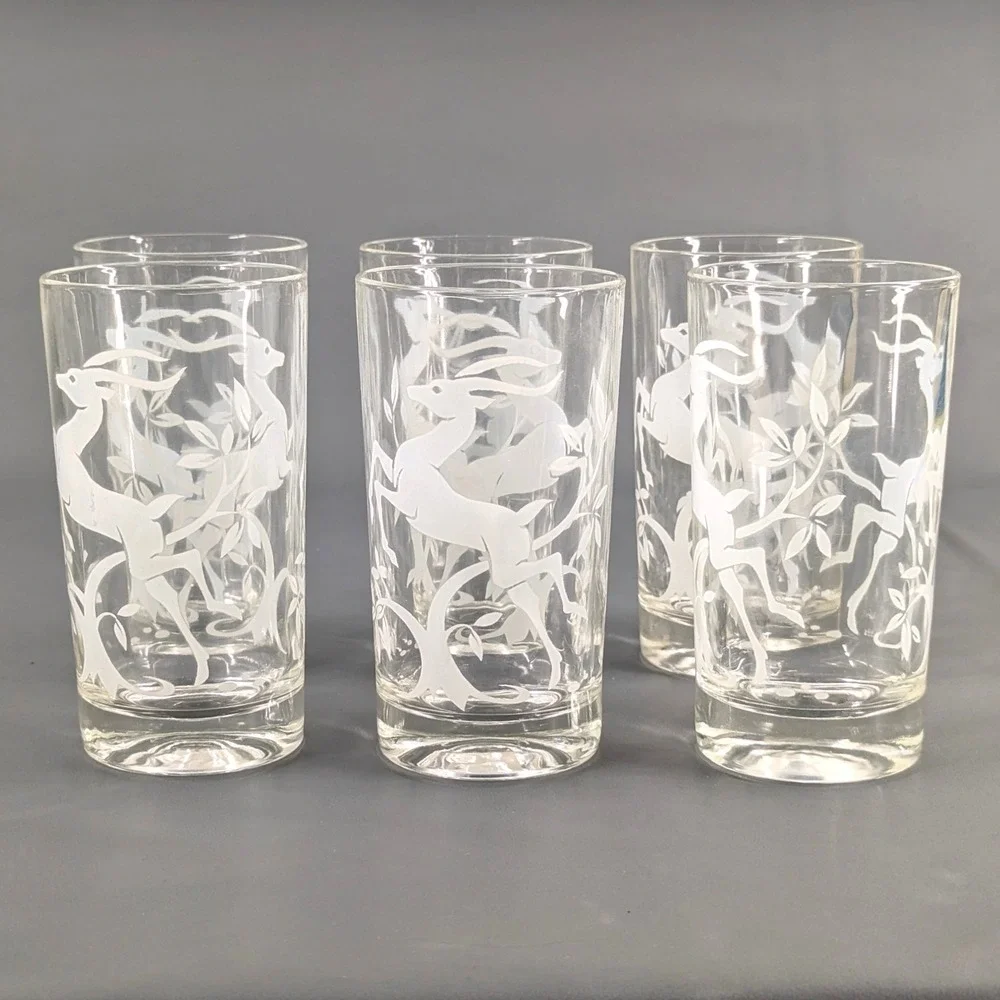 Vintage Libbey Frosted Gazelle Highball Glasses Set of 6 MCM White Frosted 5.1